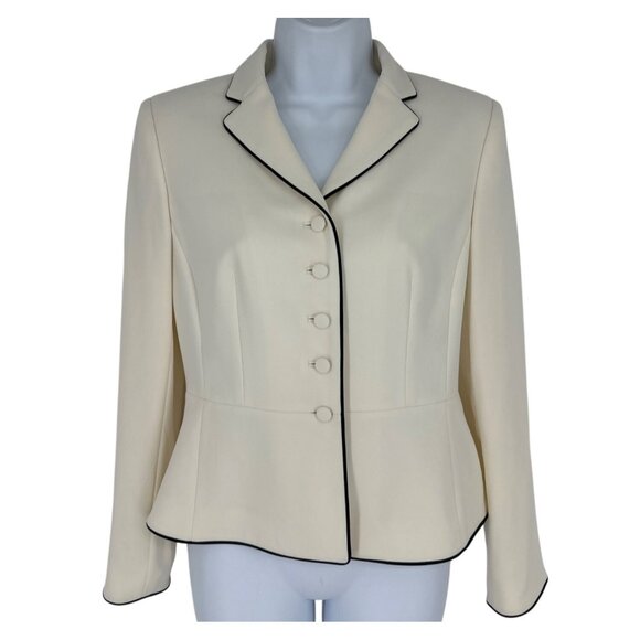 Ann Taylor Petites Ivory Button-Up Blazer With Black Piping Womens 4P - Picture 1 of 10